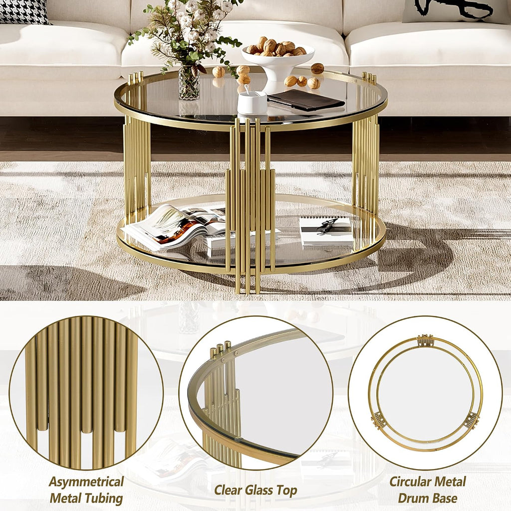 Gold Glass Coffee Table Round Modern Living Room Table, Luxury Stainless Steel Irregular Leg Tempered Glass, Circle Sofa Center Table for Home Office, 31.5' Clear