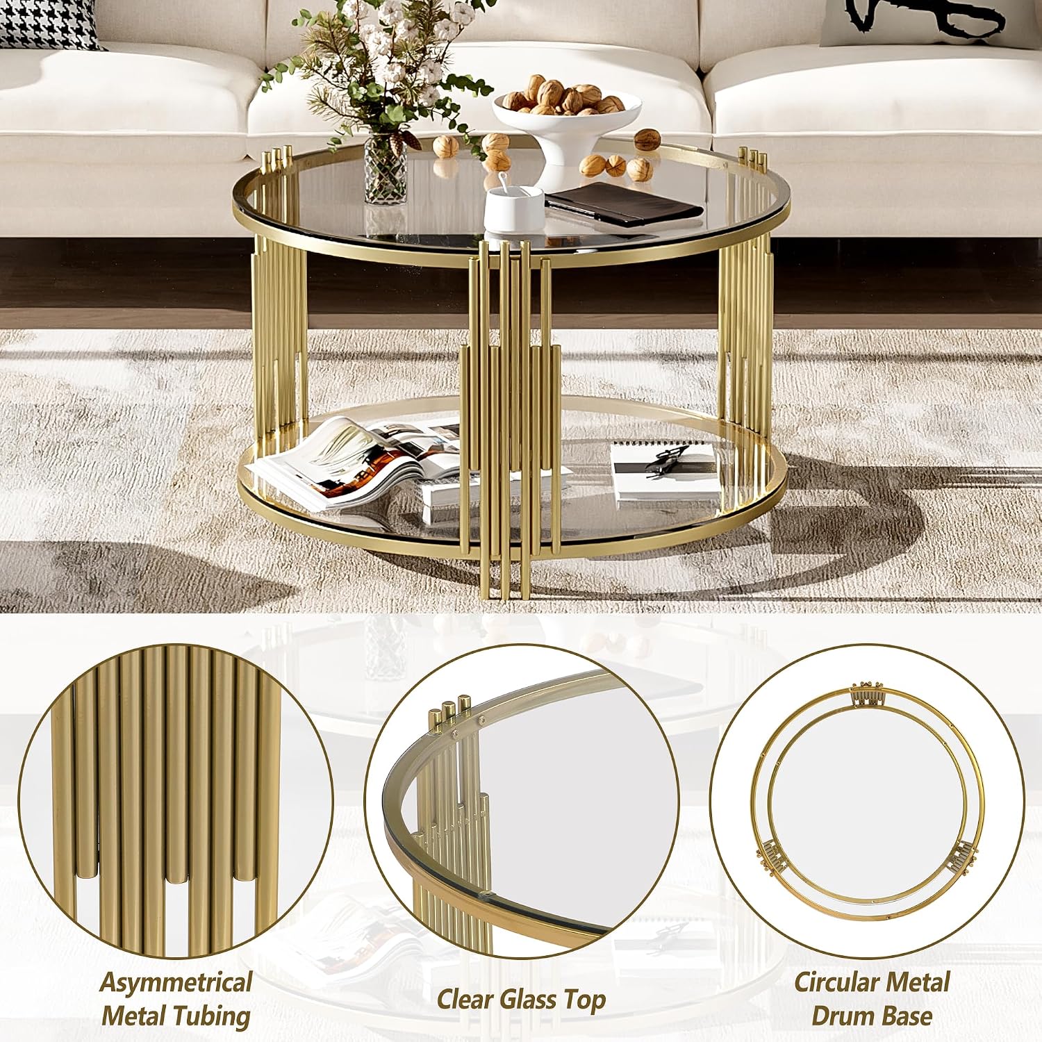 Gold Glass Coffee Table Round Modern Living Room Table, Luxury Stainless Steel Irregular Leg Tempered Glass, Circle Sofa Center Table for Home Office, 31.5' Clear