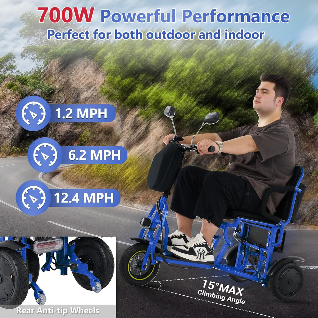 3-Wheel Folding Mobility Scooter Foldable Lightweight Electric Scooter for Adults & Seniors, Detachable Lithium Battery, Long Range 28 Miles, 3-Speed, with Rearview Mirror & Turn Signal (Blue)