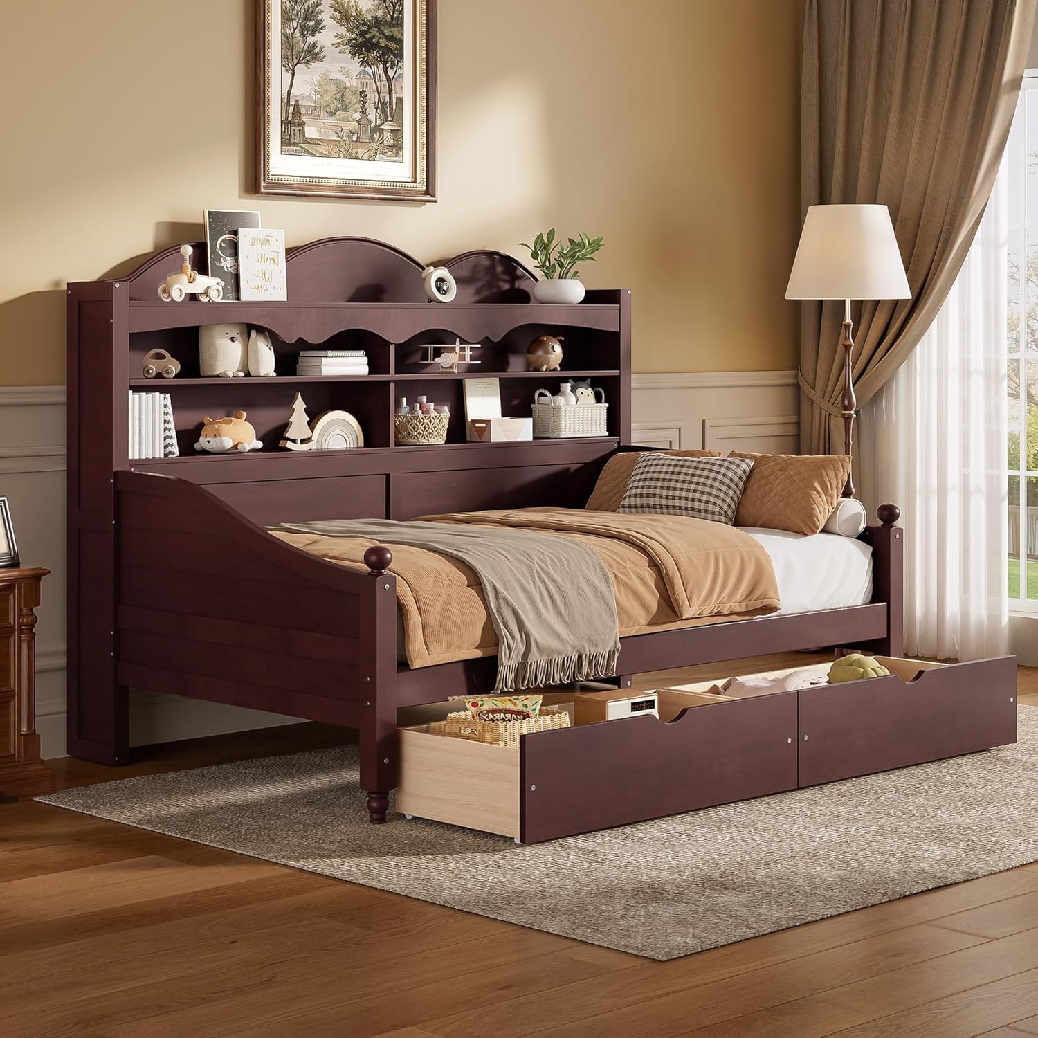 Harper & Bright Designs Captain's Bed with 2 Storage Drawers and Bookcase Headboard,Twin Size Wood Day Bed Frame with Sturdy Slats Support,Espresso