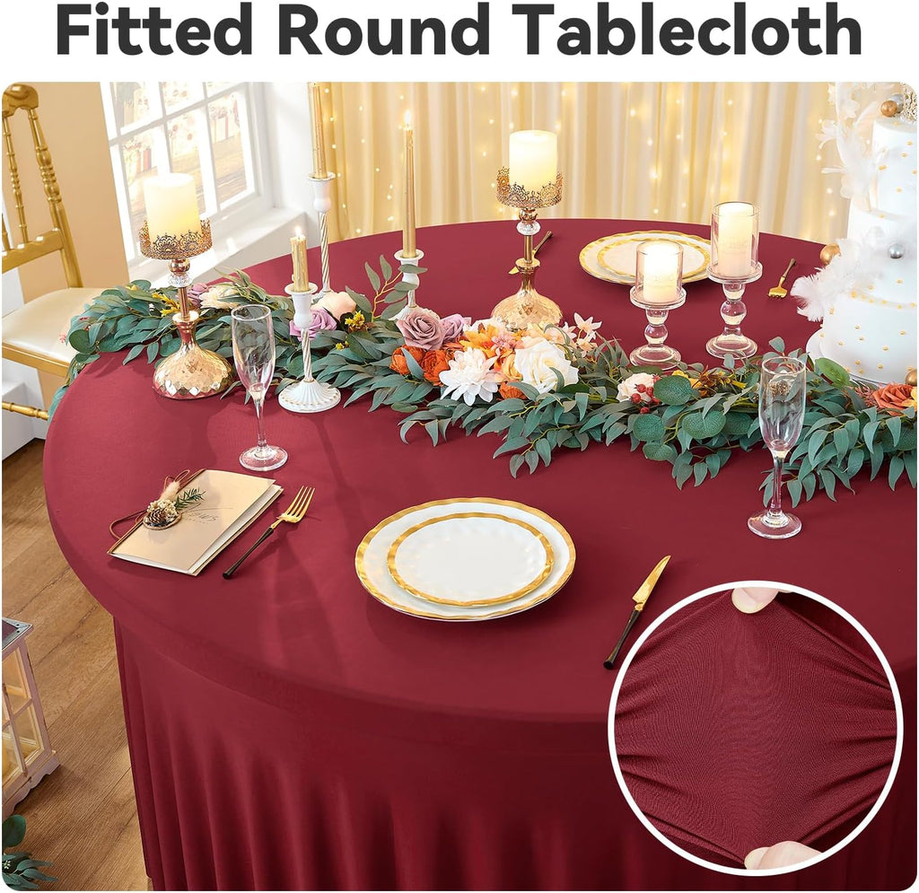leegleri 6 Pack Burgundy 60inch Spandex Round Tablecloths, Stretchy 120inch Fitted 5FT Round Table Cloths, Wrinkle Free Table Cover with Skirt for Wedding Party Dining Banquet