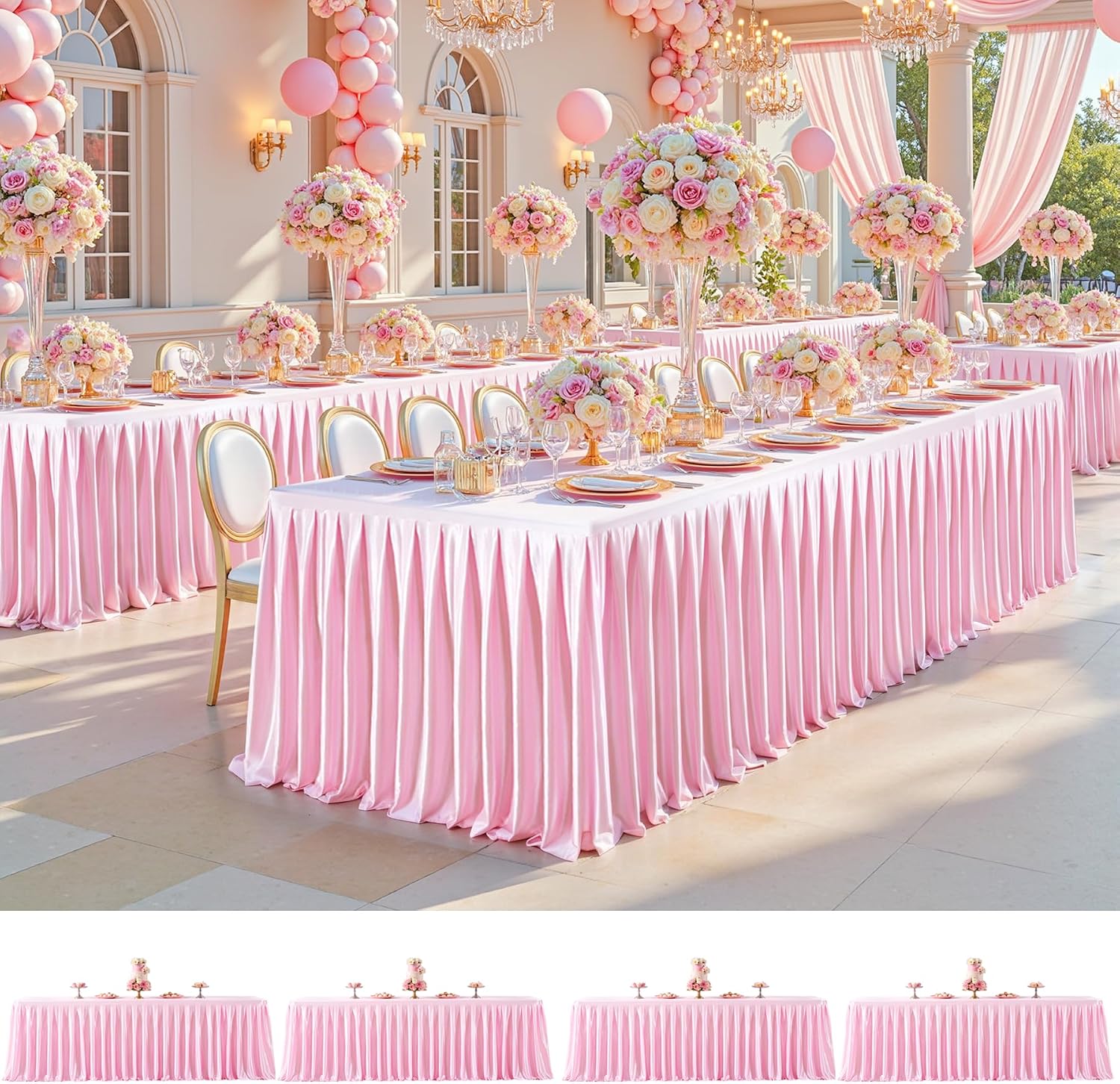 4 Pack 6FT Pink Satin Tablecloths for Rectangle Tables - Shiny Spandex Party Table Cover with Pleated Table Skirt, No-Wrinkle & Glossy Wedding Tablecloth One-Piece for Birthday Baby Shower Ceremony
