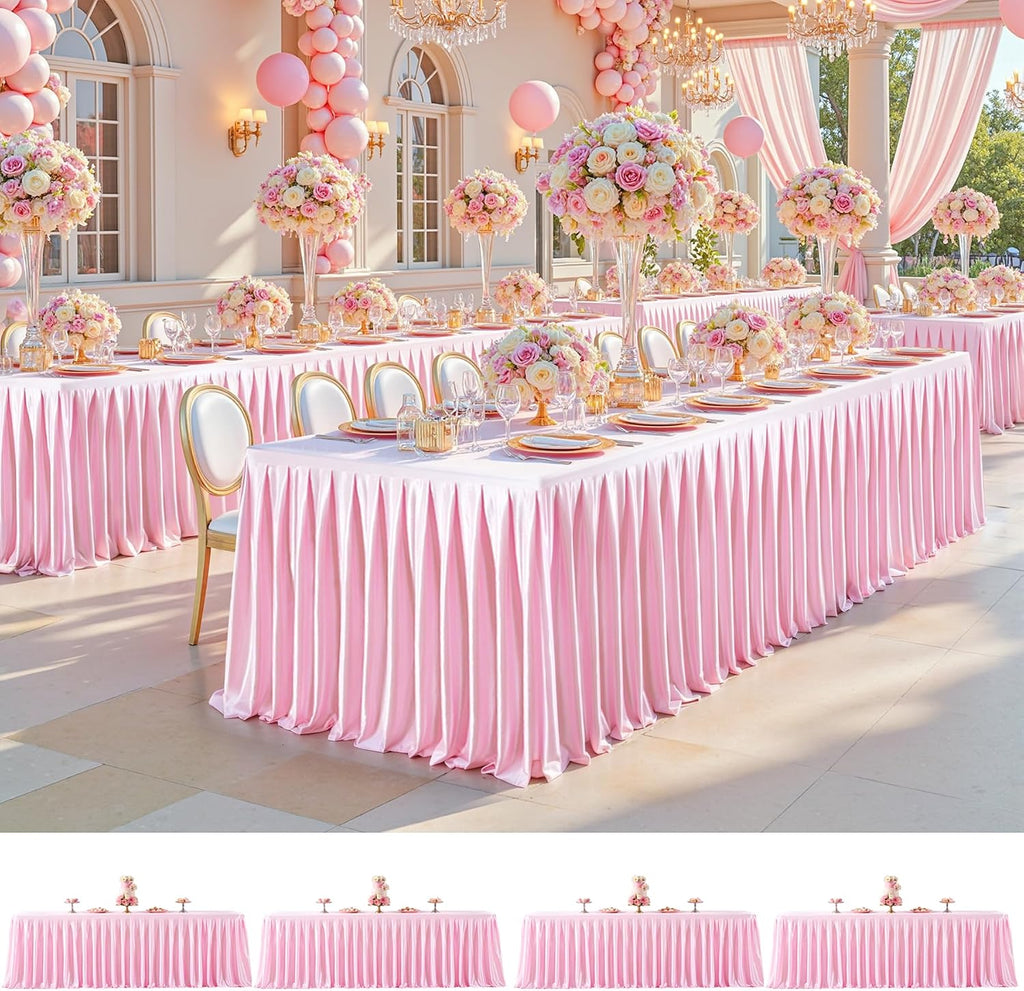 4 Pack 8FT Pink Satin Tablecloths for Rectangle Tables - Shiny Spandex Party Table Cover with Pleated Table Skirt, No-Wrinkle & Glossy Wedding Tablecloth One-Piece for Birthday Baby Shower Ceremony