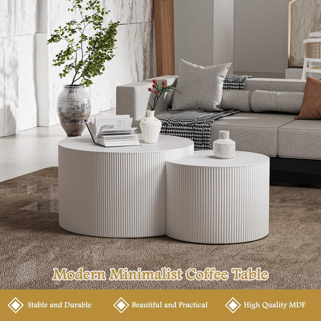 Round Coffee Table Set of 2 Modern Nesting Coffee Tables Wooden Drum Coffee Tables with Non-Slip Feet, Circle Nesting Tables End Table for Living Room Office, No Assembly (Cream 27.56'+19.69')
