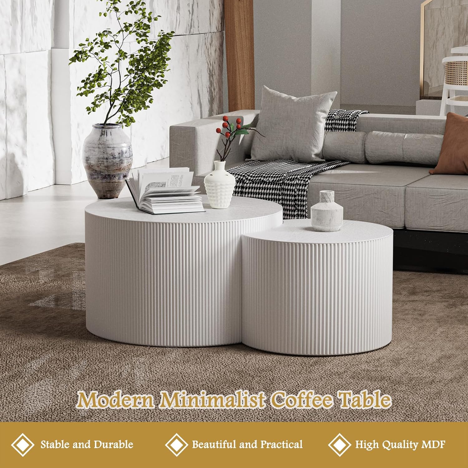 Round Coffee Table Set of 2 Modern Nesting Coffee Tables Wooden Drum Coffee Tables with Non-Slip Feet, Circle Nesting Tables End Table for Living Room Office, No Assembly (Cream 27.56'+19.69')