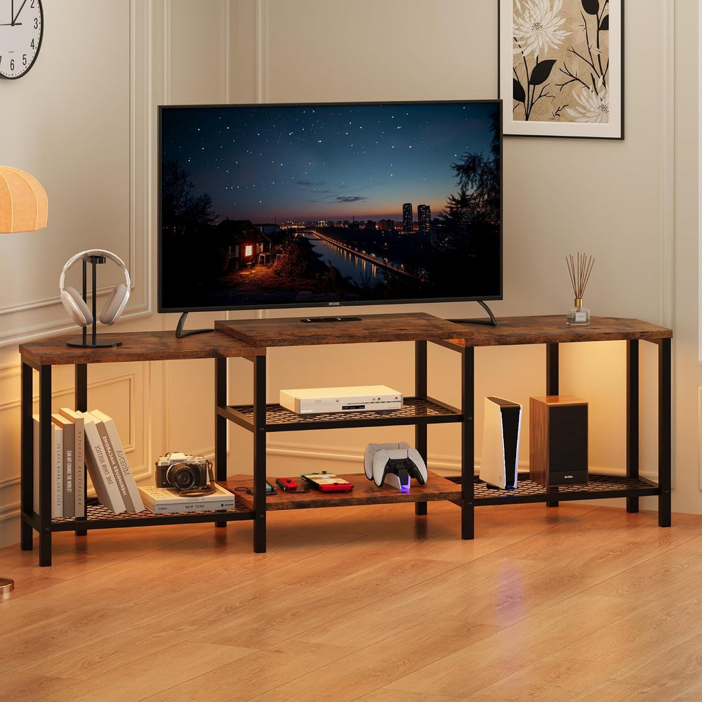Corner TV Stand,with Power Outlets,Led Strip,67 Inch Large Entertainment Center,3-Tier Open Storage Shelves, Media TV Console Table for Living Room, Bedroom,Brown
