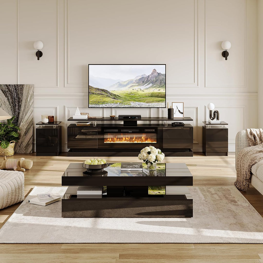 4-Piece Modern Living Room Table Set, Includes High Gloss 70' Fireplace TV Stand, 47' LED Coffee Table and 15' End Tables Set of 2 with Storage Drawers, Black