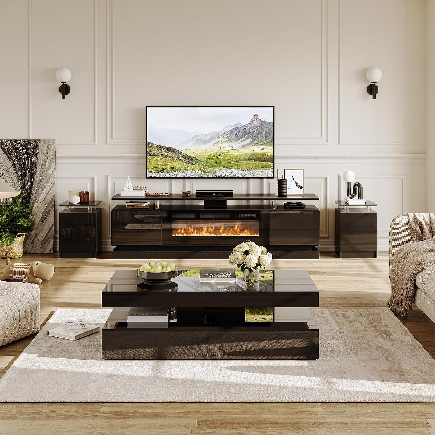 4-Piece Modern Living Room Table Set, Includes High Gloss 70' Fireplace TV Stand, 47' LED Coffee Table and 15' End Tables Set of 2 with Storage Drawers, Black