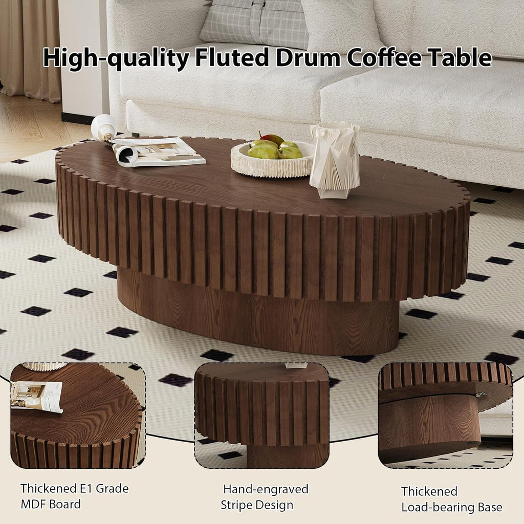 Oval Fluted Coffee Table Mid Century Modern Coffee Tables with Handcrafted Relief Ellipse Drum End Table Rustic Industrial Center Tables for Apartment Living Room (Brown Oval)
