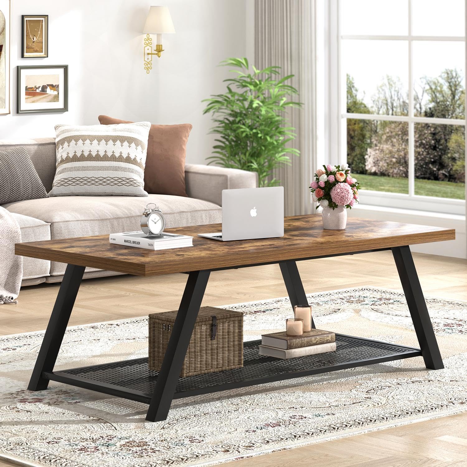 FOLUBAN Modern Coffee Table, Wood and Metal Coffee Tables for Living Room with Storage Shelf, Industrial Rectangle Cocktail Tea Table, Rustic Brown, 47 Inch