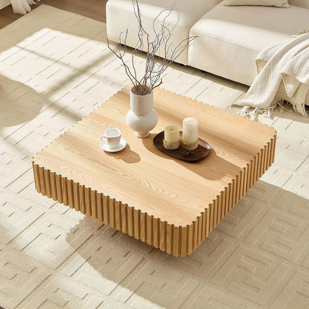 35.43''Square Coffee Table for Living Room Wood Fluted Coffee Table Modern Center Tables with Solid Wooden Pedestal for Apartment (Natural Wood)