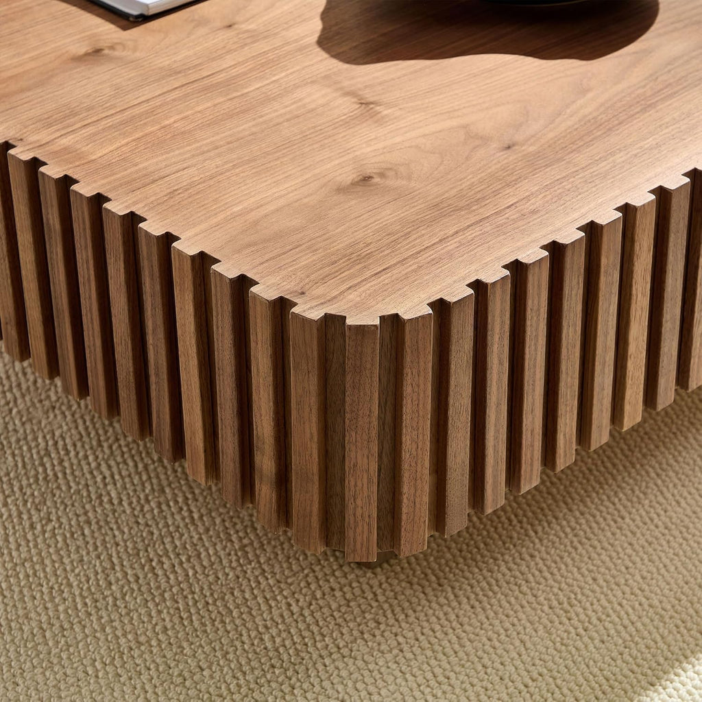 35.43'' Square Coffee Table for Living Room Fluted Coffee Table Modern Pedestal Center Tables for Apartment (Walnut)