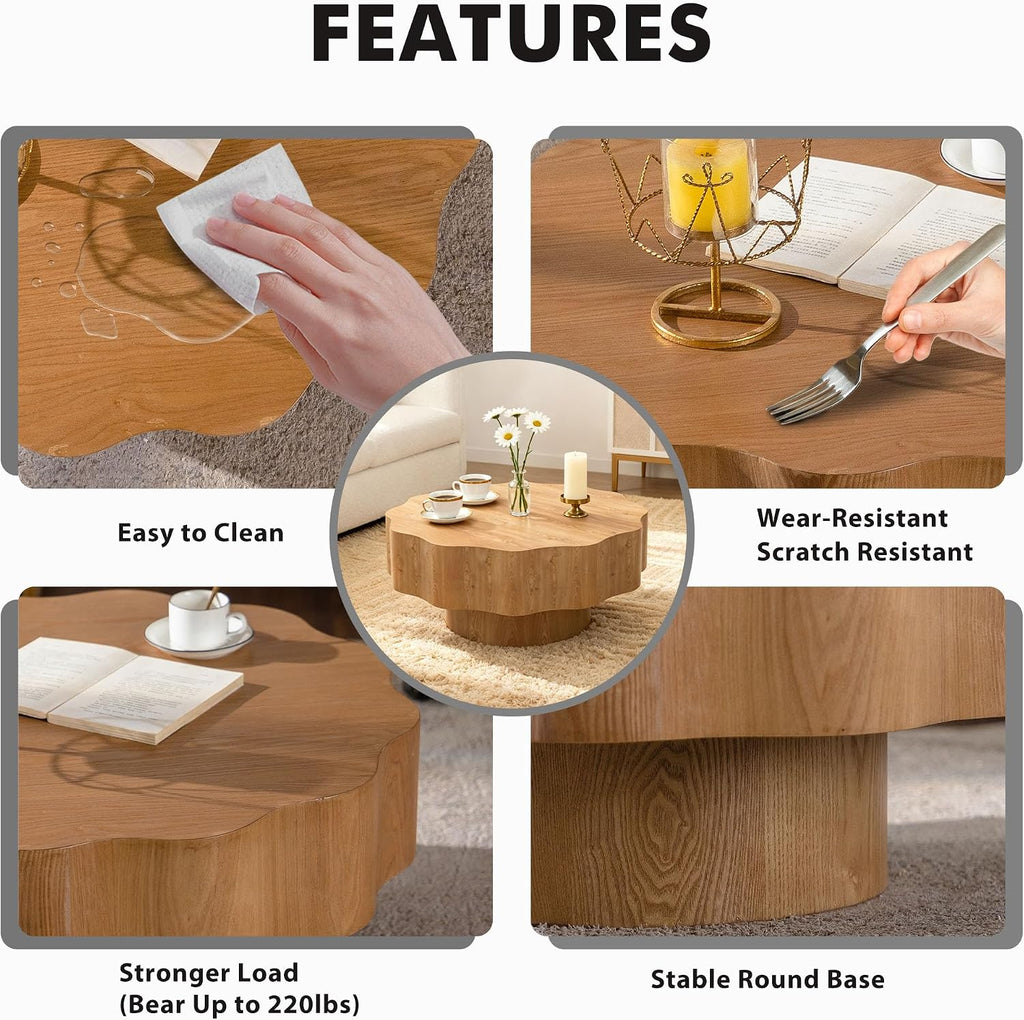 31.5'' Farmhouse Coffee Table Petal-Like, Wood Coffee Center Table Mid Century Modern Coffee Table for Living Room, Small Space End Side Table for Bedroom, Farmhouse, Apartment, Office
