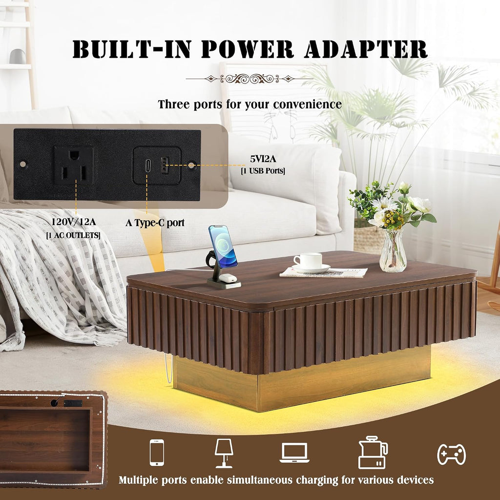 Grepatio Lift Top Coffee Table with Storage, 38' Fluted Coffee Table with RGB Led Lights, Wooden Center Tables with USB Power Outlet, Mid Century Table with Lifting Top for Living Room (Rectangle)