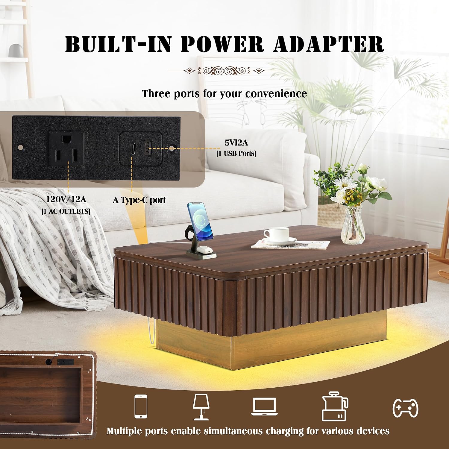 Grepatio Lift Top Coffee Table with Storage, 38' Fluted Coffee Table with RGB Led Lights, Wooden Center Tables with USB Power Outlet, Mid Century Table with Lifting Top for Living Room (Rectangle)