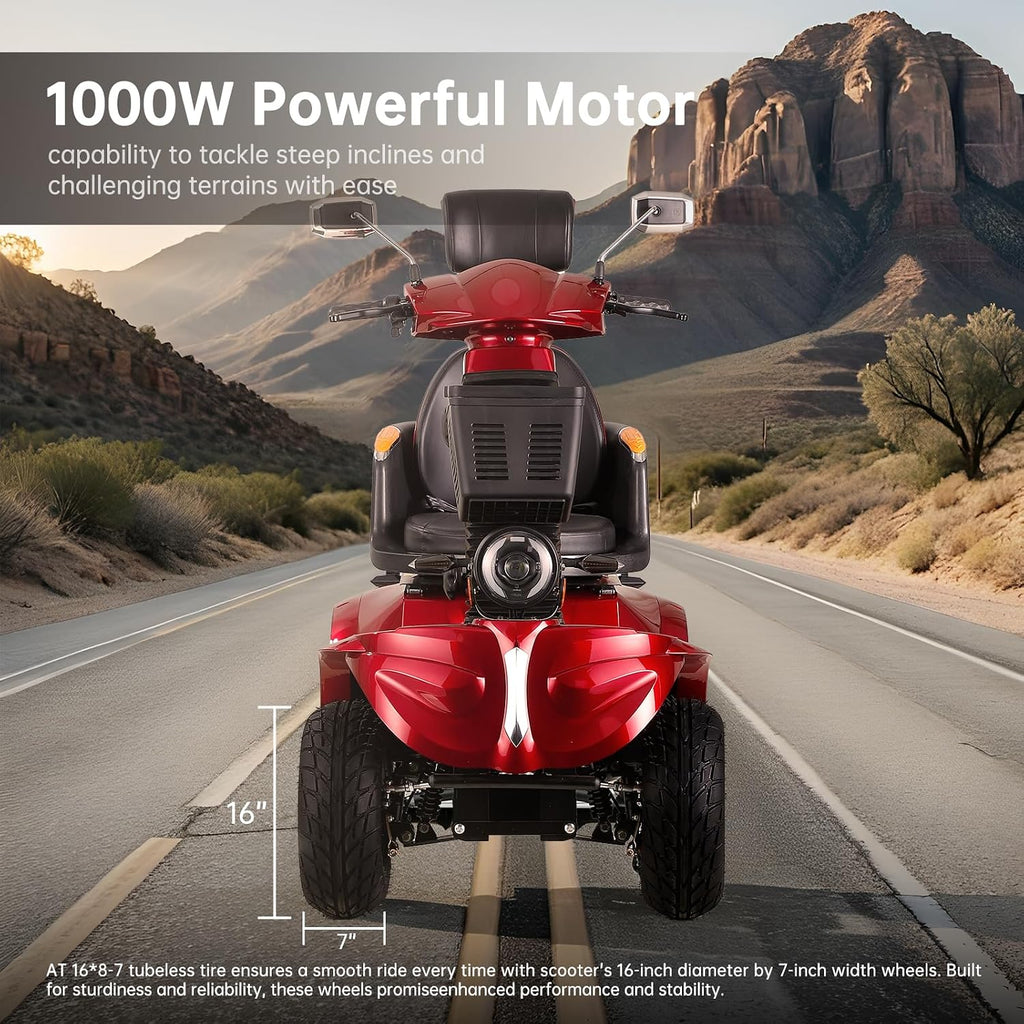 Mobility Scooters for Seniors & Adults 400 Lb Weight All Terrain,Heavy Duty Foldable 4-Wheel Powered Scooter,Disability Electric Wheelchair with Lightweight Frame,Electromagnetic Brake,Red