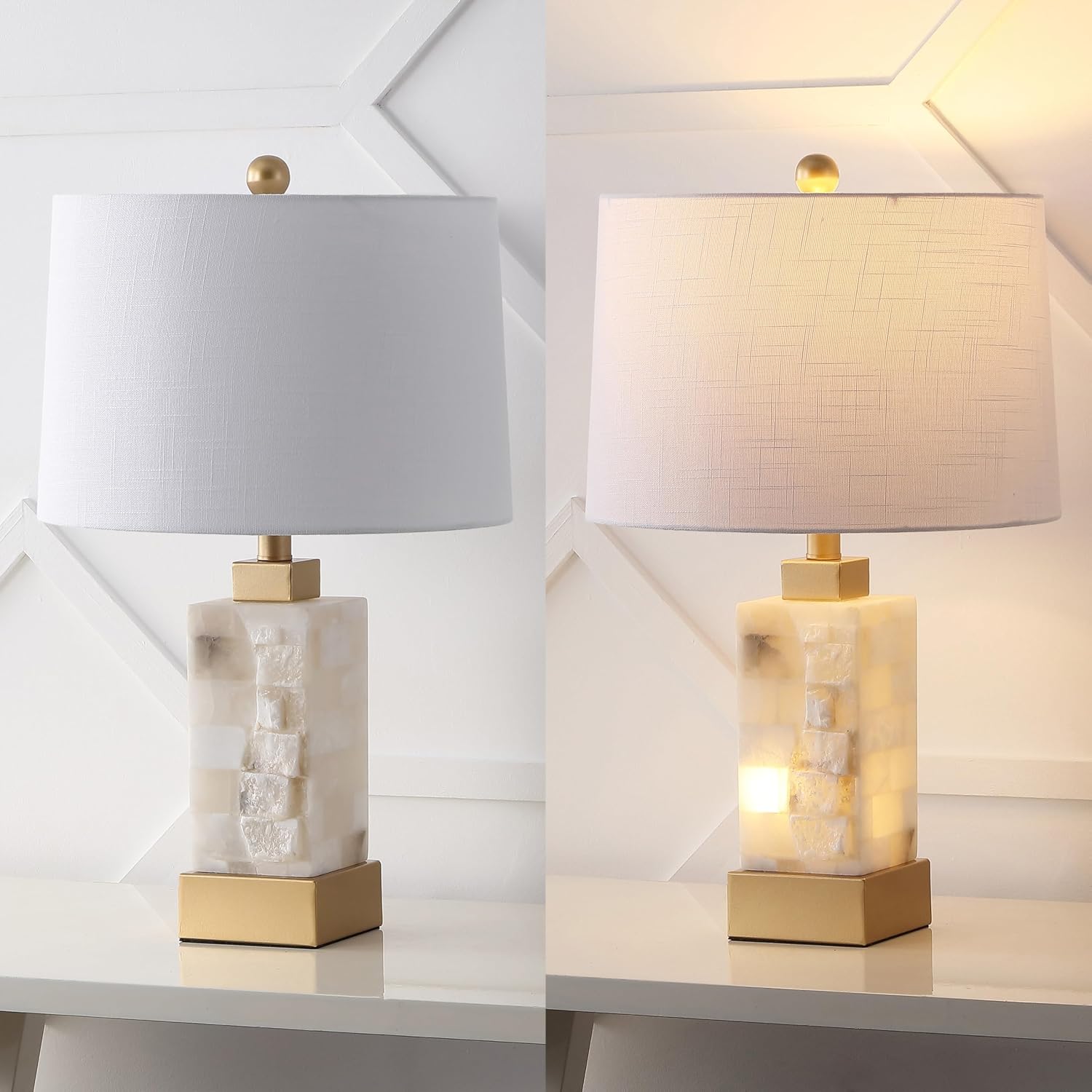 JONATHAN Y 23' Gold/White 2-Light Alabaster Rectangular Table Lamp with Night Light Modern Coastal Bedside Lamp for Bedroom with White Linen Drum Shade LED Bulbs Included JYL6202A