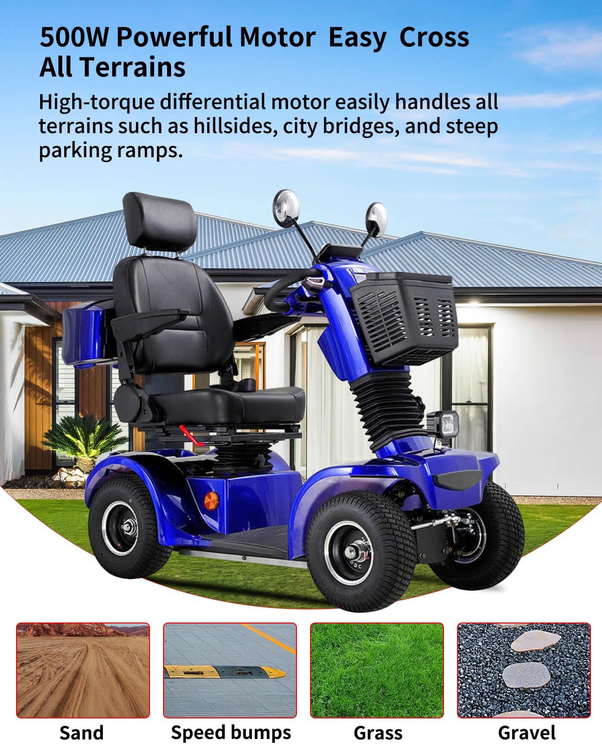 All Terrain Mobility Scooter for Seniors,Heavy-Duty 4 Wheel Mobility Scooters Mobility Scooter,Handicap Scooters for Adults with 3-Speed Travel Long (Blue)