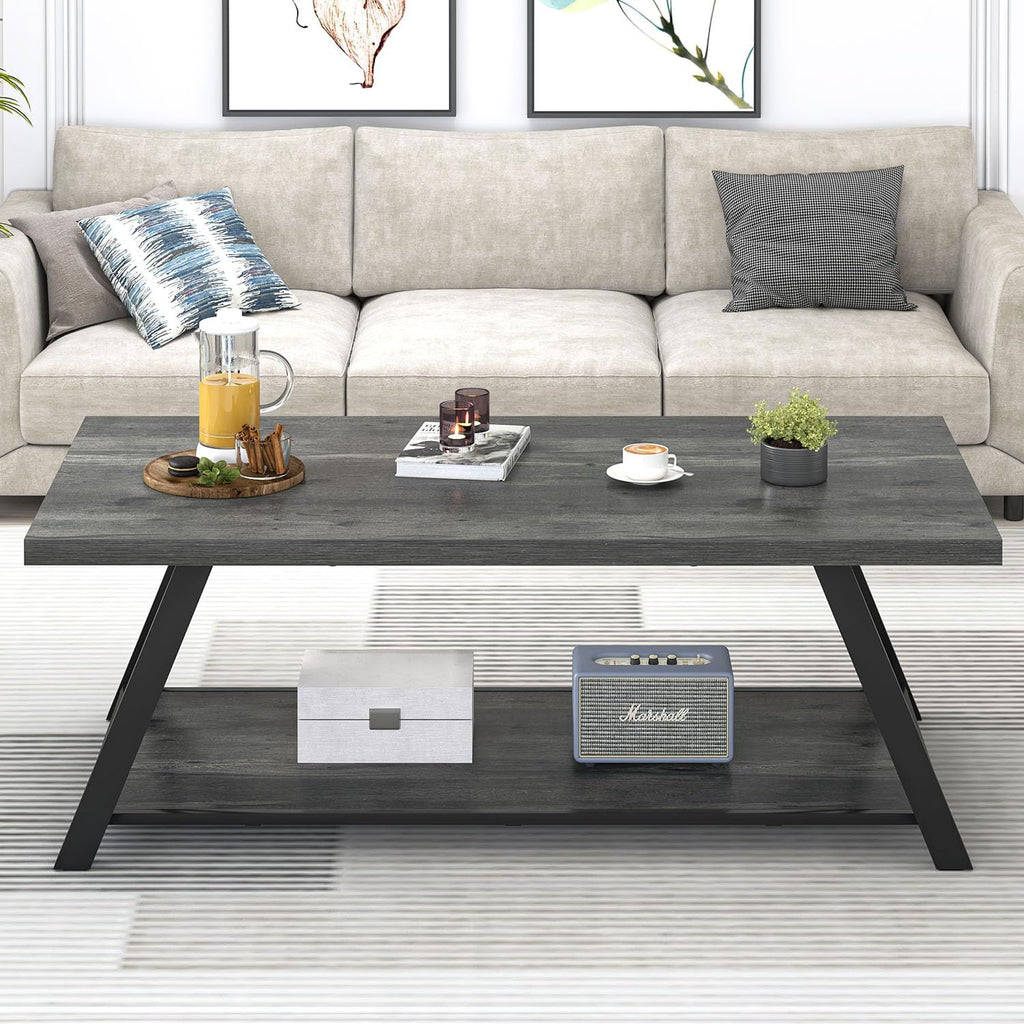 EXCEFUR Coffee Table, Industrial Wood and Metal Center Table for Living Room, Rectangle Cocktail Tea Table with Storage Shelf, Rustic Grey, 47 Inch
