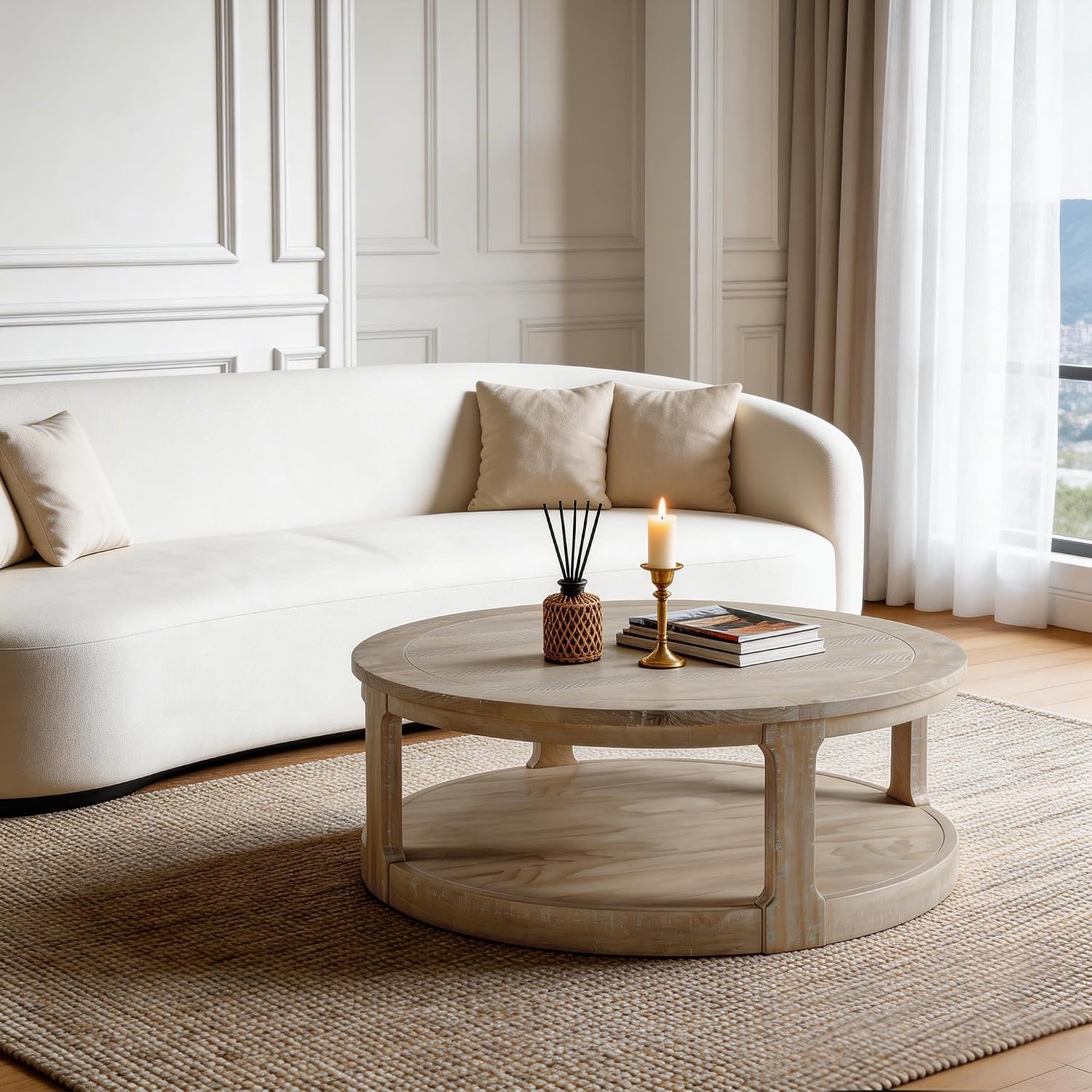 WILLIAMSPACE 40' Round Coffee Table with Wheels, Circle 2 Tier Solid Wood Center Coffee Table, Mid Century Retro Farmhouse Rounded End Table for Living Room Apartment, ø40 x 17.52' H (Oak)
