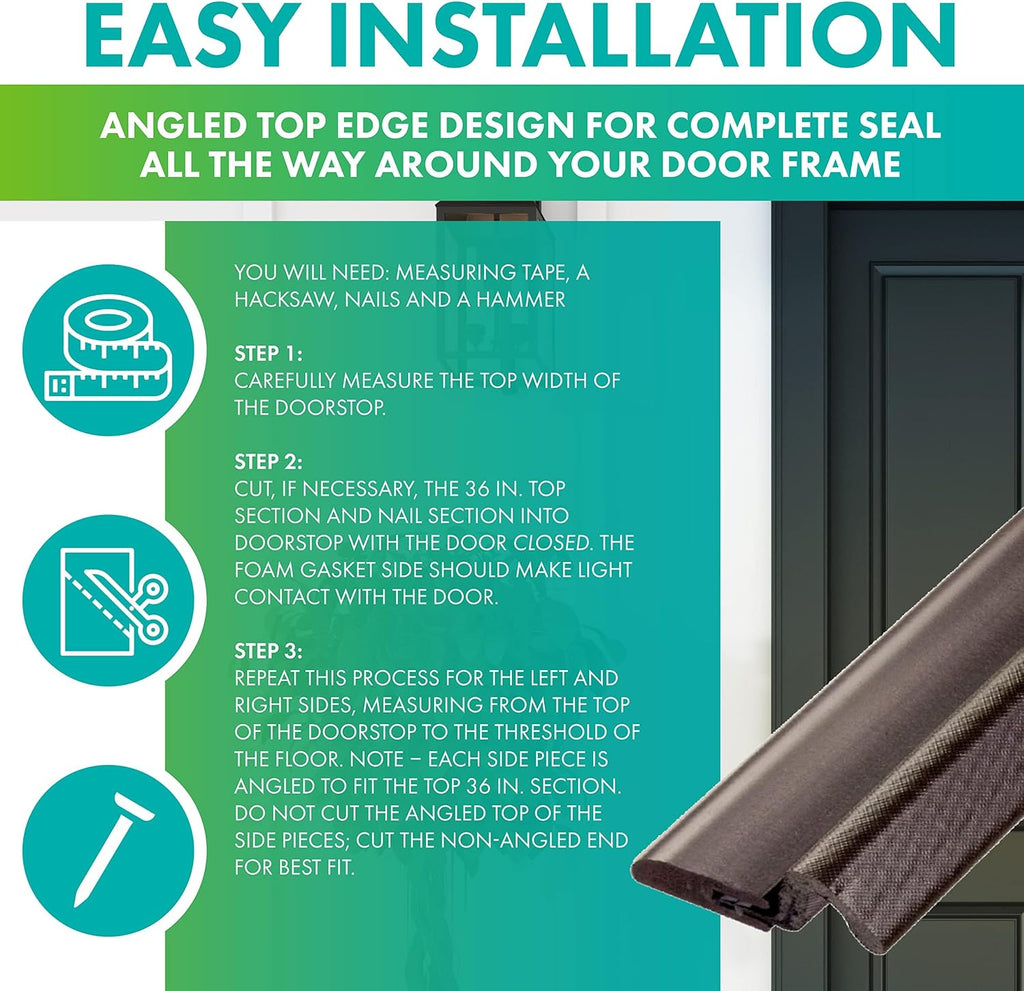 Simply Conserve Windjammer Nail-Up Set Door Weatherstripping with PVC Carrier and Foam Gasket in Brown DS060W-B | Paintable Door Draft Stopper for Sides and Top | Foam Weather Stripping Door Seal