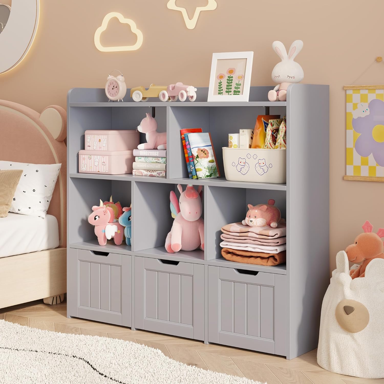 Gizoon Toy Storage Organizer with 3 Movable Drawers and 6 Open Shelves Kids Bookshelf Featuring Fall Prevention Barrier for Playroom Nursery Kids Room Organization, Gray, Painted