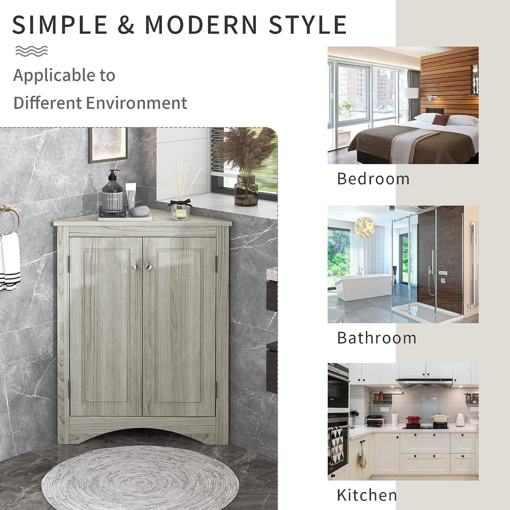 Knocbel 31.5' Height Corner Floor Storage Cabinet with Brushed Nickel Knobs, 2 Doors and Adjustable Shelves, Bathroom Pantry Corridor Free Standing Triangle Organizer Unit (Oak)