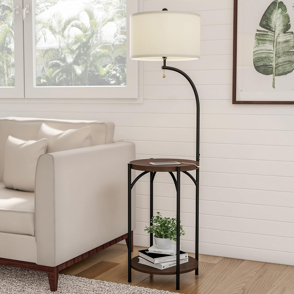Lavish Home Floor Lamp with End Table - Modern Rustic Side Shelves with USB Charging Port, LED Light Bulb, and Drum-Shaped Shade - Standing Lights