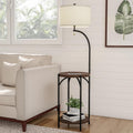 Lavish Home Floor Lamp with End Table - Modern Rustic Side Shelves with USB Charging Port, LED Light Bulb, and Drum-Shaped Shade - Standing Lights