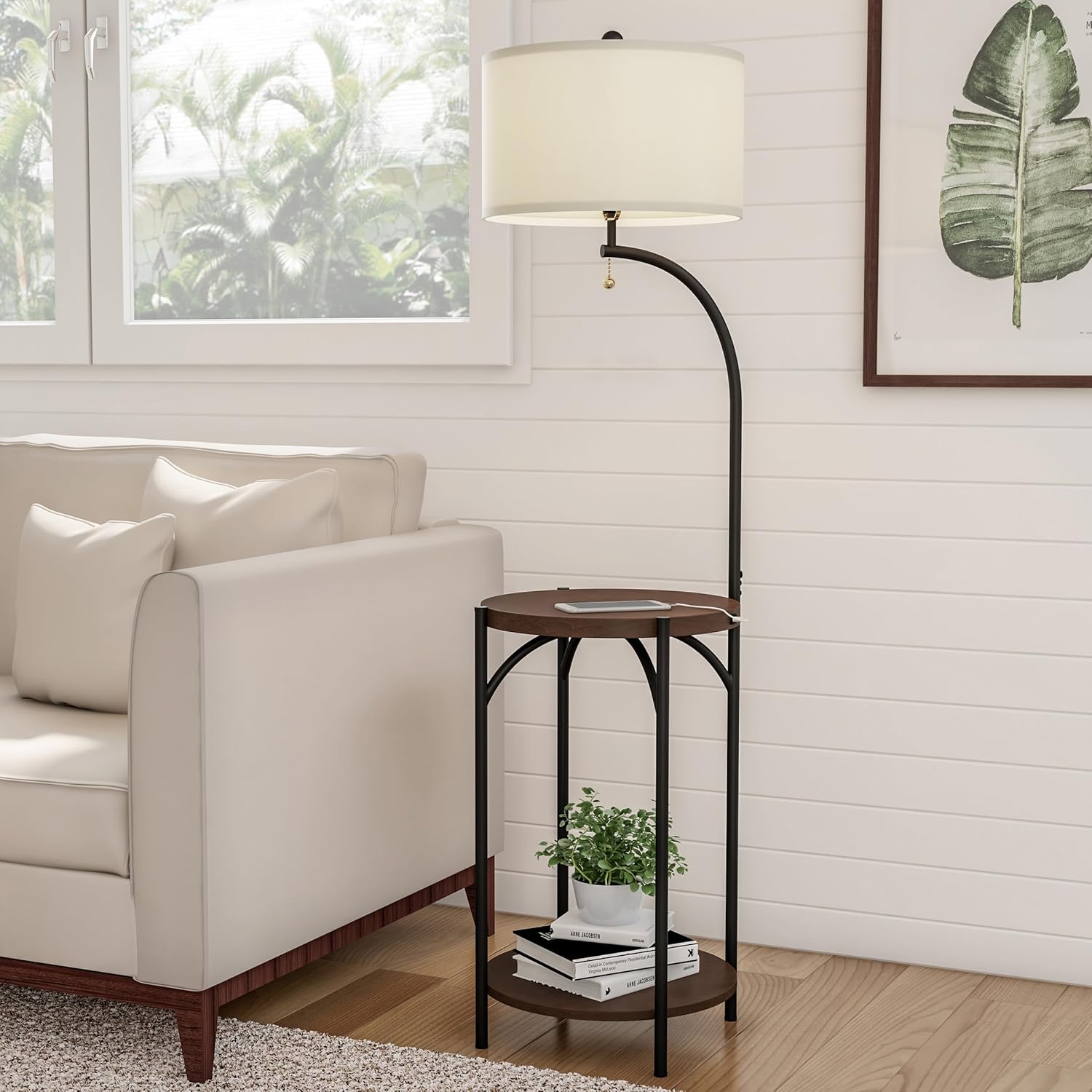 Lavish Home Floor Lamp with End Table - Modern Rustic Side Shelves with USB Charging Port, LED Light Bulb, and Drum-Shaped Shade - Standing Lights