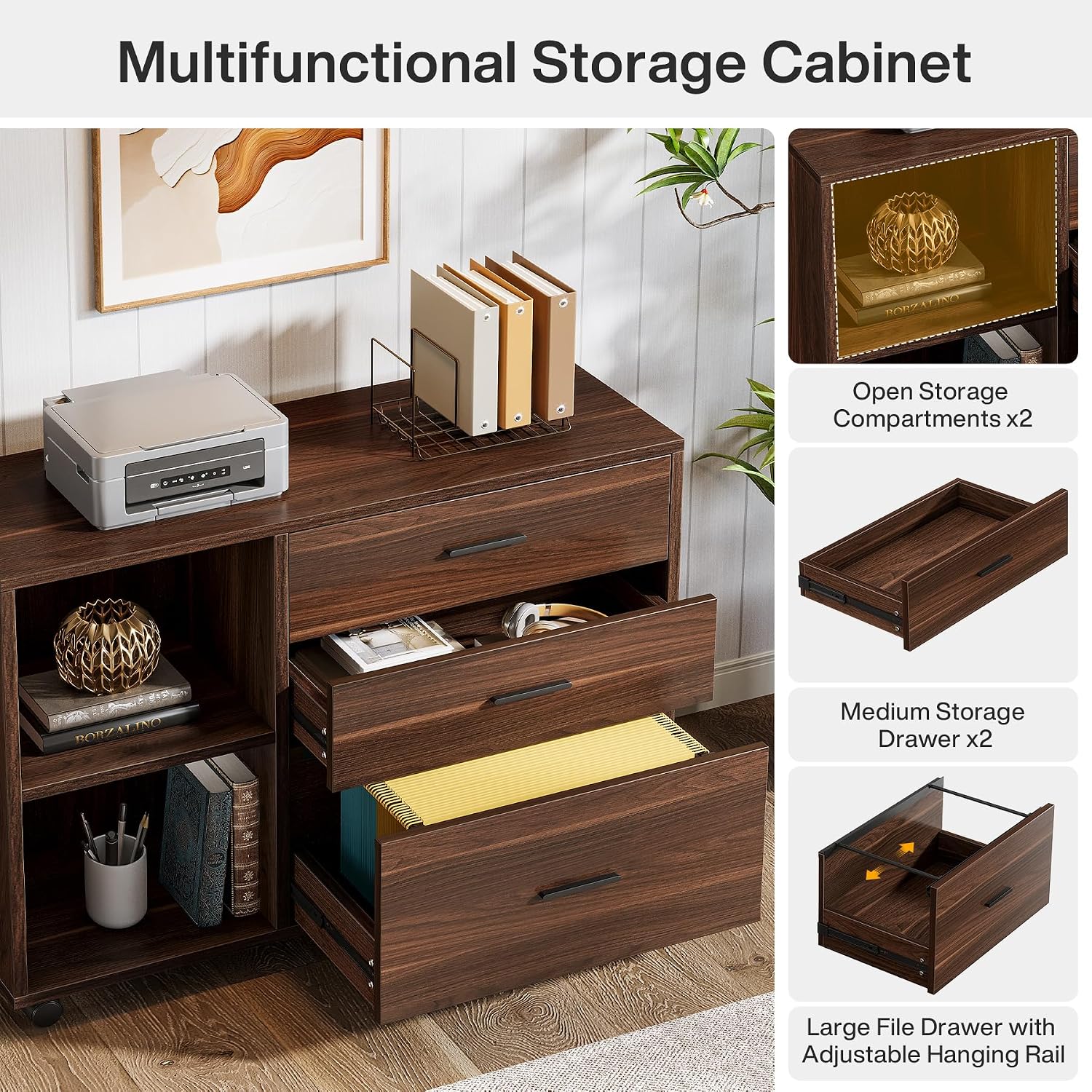 Tribesigns 63' L Shaped Desk with Storage, Executive Office Desk with Mobile Lateral File Cabinet Combo, Large Computer Table with Drawers and Shelves, Business Furniture Set for Home Office, Walnut