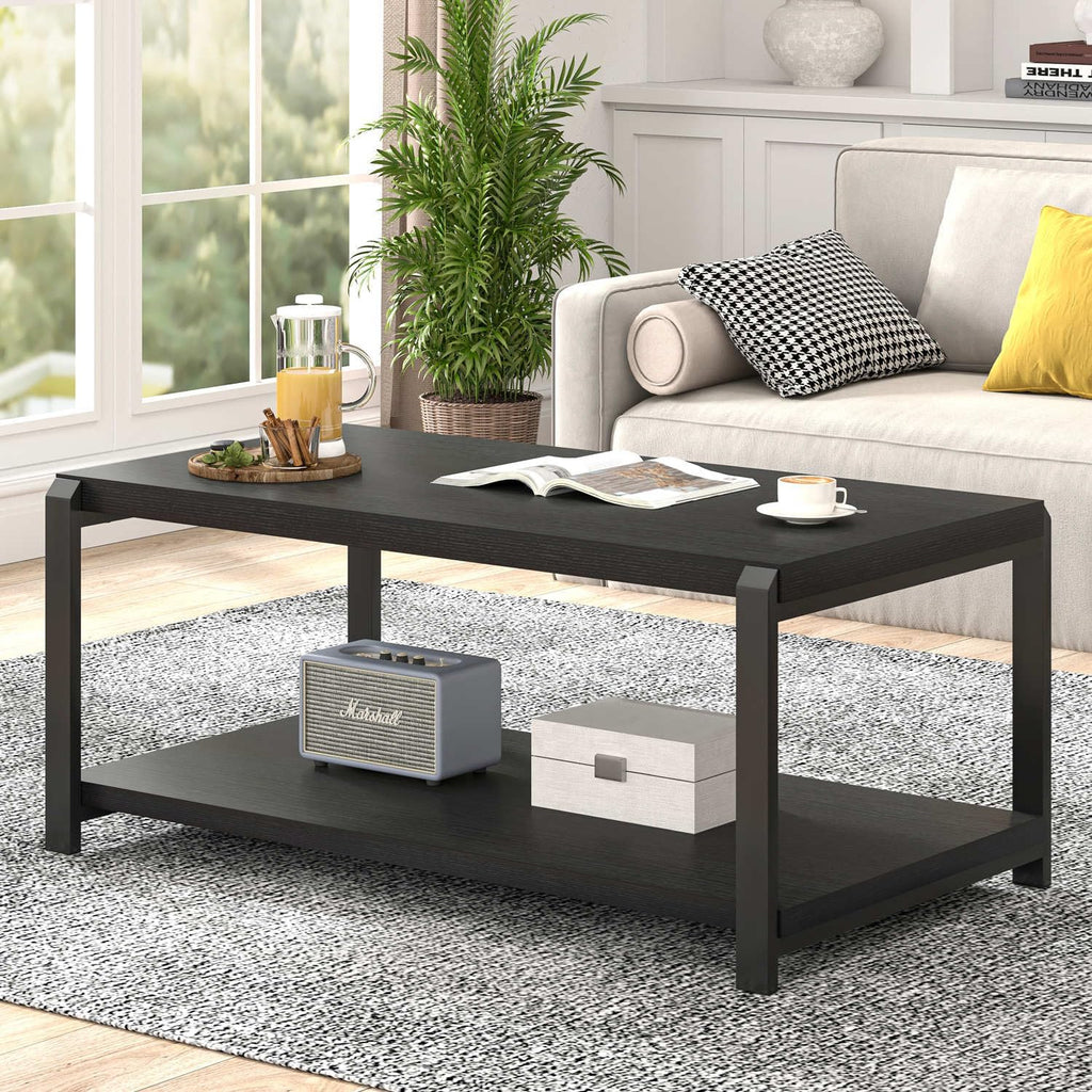 EXCEFUR Black Coffee Table, Modern Rustic Wood Center Table for Living Room, Industrial Rectangle Cocktail Tea Table with Storage Shelf