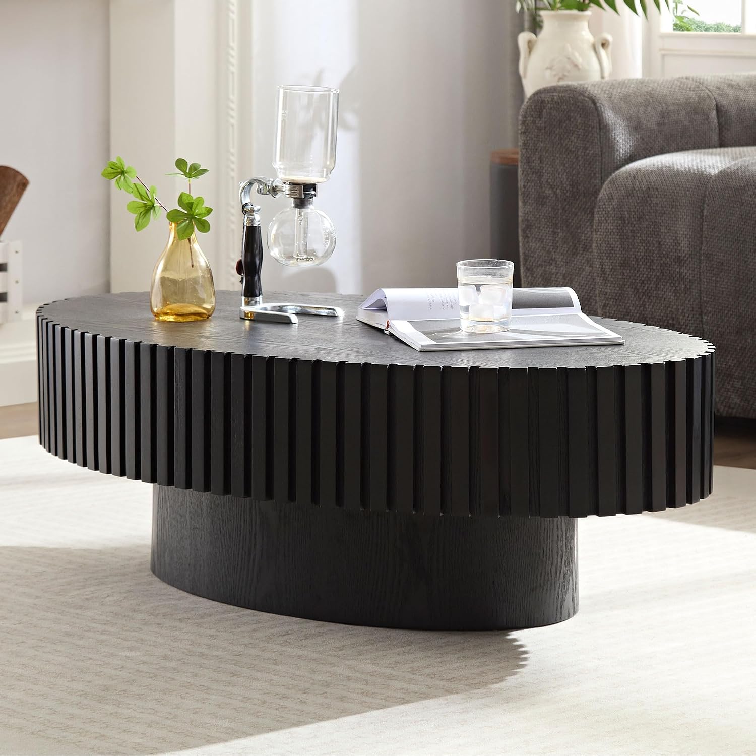 Black Oval Coffee Table - Modern Wood Coffee Table for Living Room, Contemporary Circle Fluted Drum Design, Easy Assembly, 43.7'' x 24.8'' x 13.38''