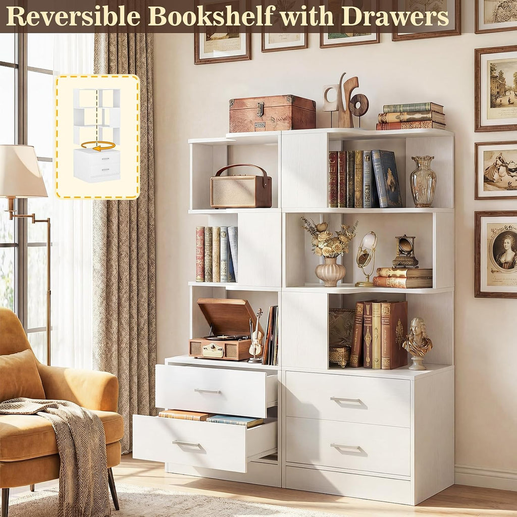 Armocity Corner Bookshelf with Drawers, 6 Tier Corner Book Shelf Display Bookcase, Freestanding L Shaped Bookshelf for Bedroom, Living Room, Home Office, White