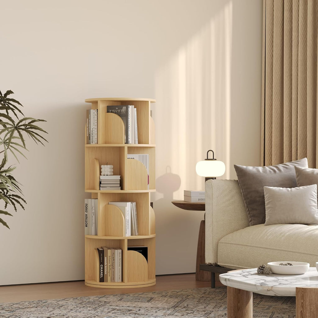 YOWOS Rotating Bookshelf, Small Corner Bookshelf for Small Space, 360 Display Floor Standing Bookcase Storage Rack, Wood Narrow Book Shelf Organizer for Bedroom, Living Room (Wood, 4 Tiers)