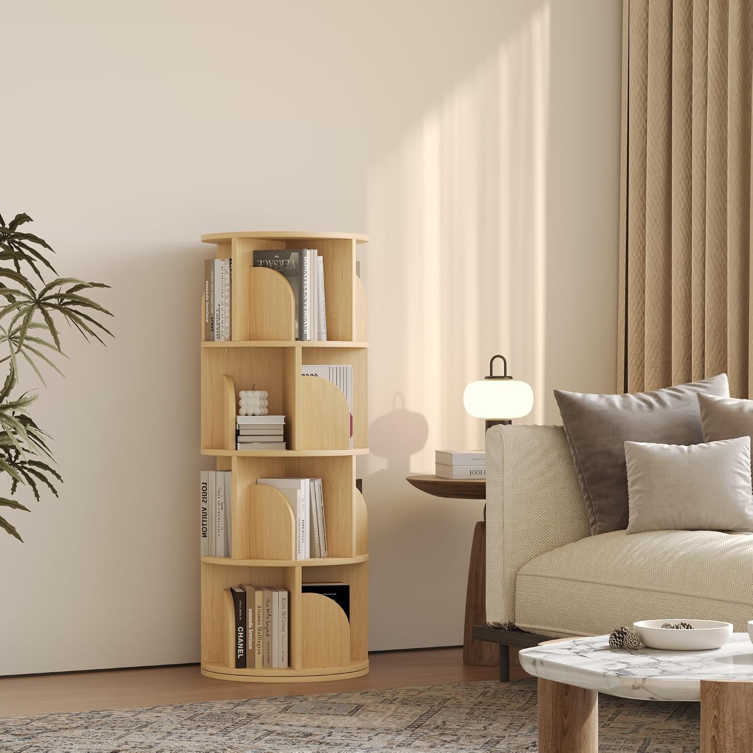 YOWOS Rotating Bookshelf, Small Corner Bookshelf for Small Space, 360 Display Floor Standing Bookcase Storage Rack, Wood Narrow Book Shelf Organizer for Bedroom, Living Room (Wood, 4 Tiers)