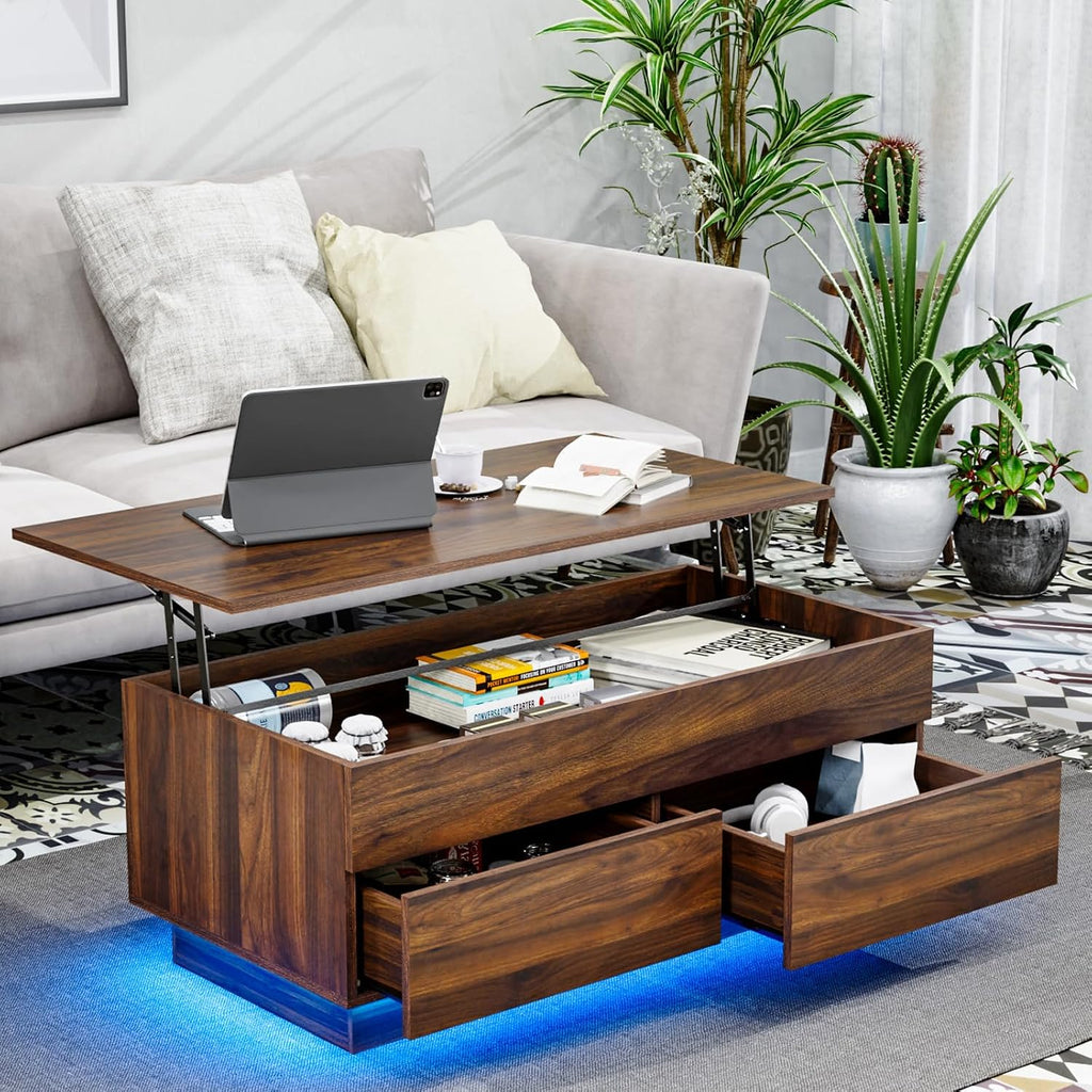 HOMMPA 40'' Lift Top Coffee Table for Living Room, Walnut Coffee Tables with Storage, LED Modern Coffee Table Rectangular Wooden Gloss, Flip Top Center Table with 2 Drawers and Hidden Compartment