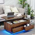 HOMMPA 40'' Lift Top Coffee Table for Living Room, Walnut Coffee Tables with Storage, LED Modern Coffee Table Rectangular Wooden Gloss, Flip Top Center Table with 2 Drawers and Hidden Compartment