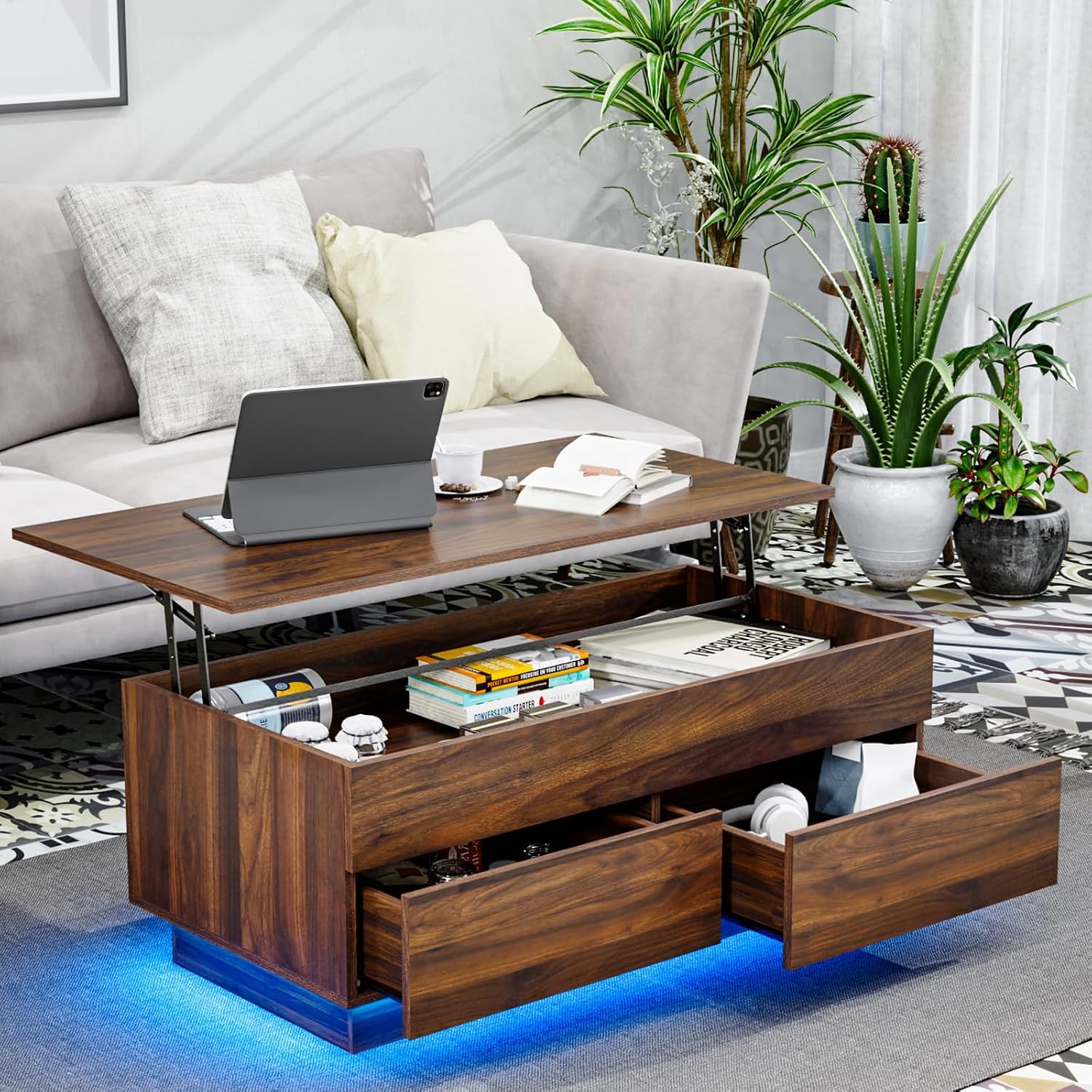 HOMMPA 40'' Lift Top Coffee Table for Living Room, Walnut Coffee Tables with Storage, LED Modern Coffee Table Rectangular Wooden Gloss, Flip Top Center Table with 2 Drawers and Hidden Compartment