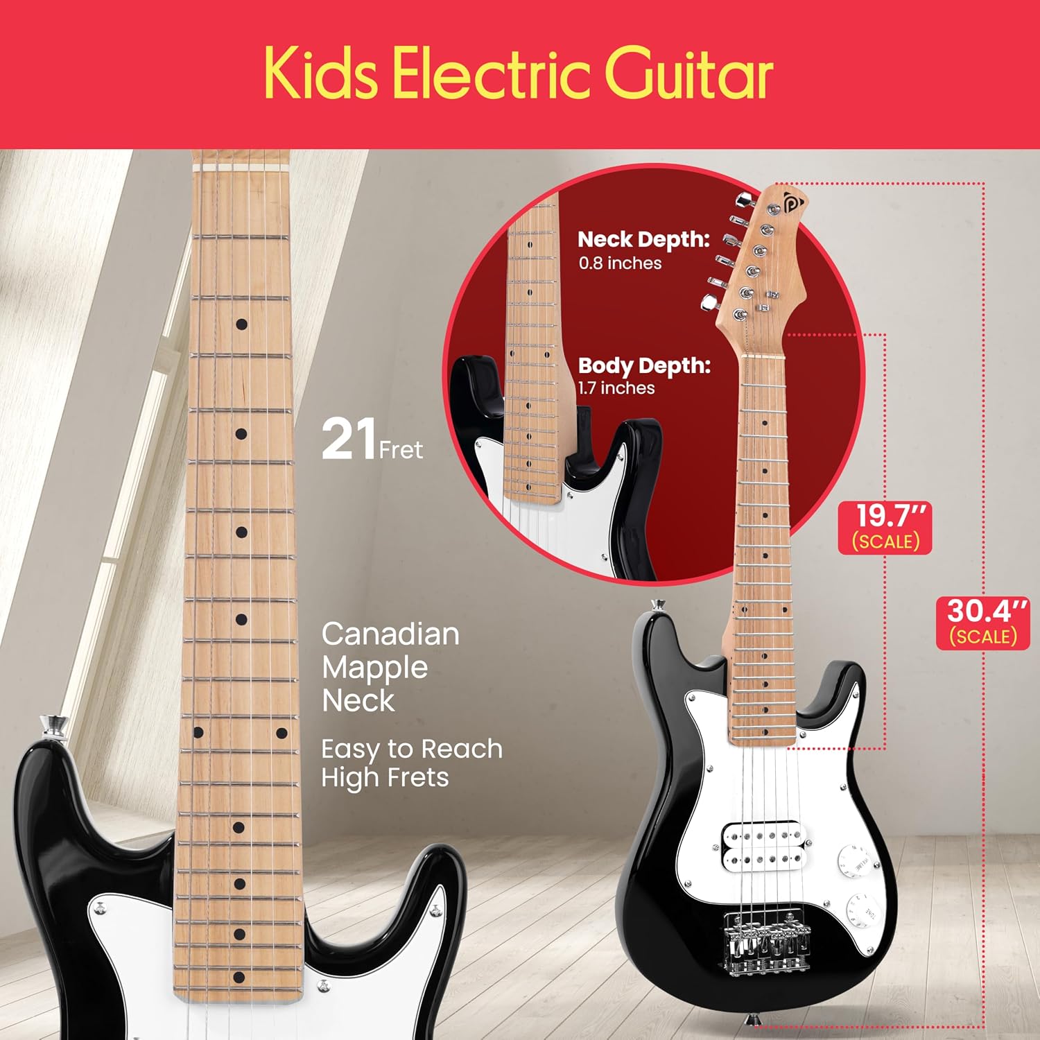 Pyle 6-String Kids Electric Guitar Includes Amplifier with Accessory Kit (Black), Right (PEGKT30.X9)