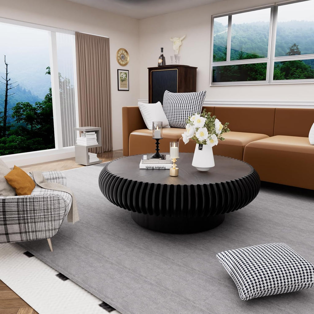 Round Coffee Table for Living Room Modern Black Fluted Coffee Table 39.3 inch Low Round Drum Coffee Tables for Living Room (Black, 39.3')