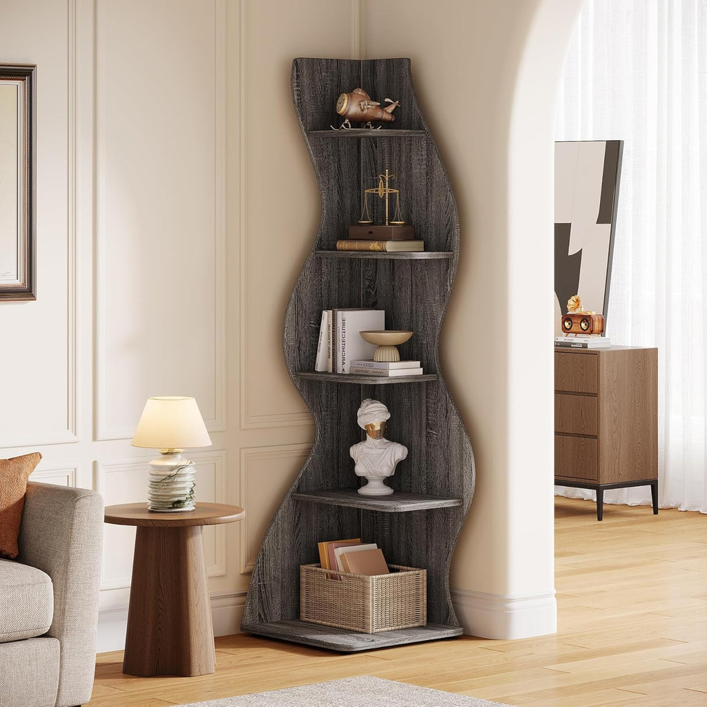 Tribesigns Wavy Corner Shelf Set of 2, Modern 5-Tier Bookshelf Etagere Bookcase with Curvy Shape, Unique Plant Stand Display Shelf for Living Room Small Space (Gray)
