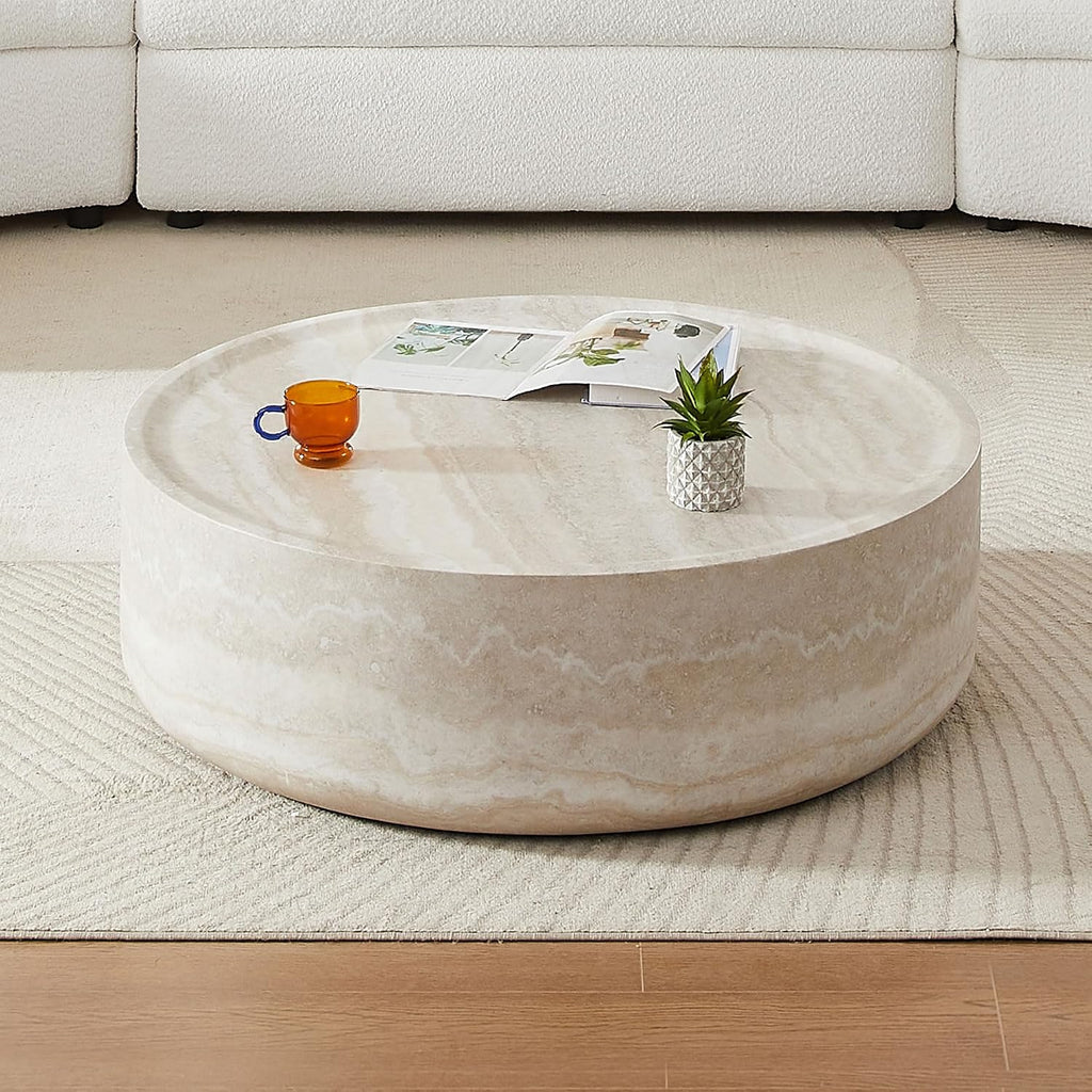 Round Coffee Table 39.37'' Marble Pattern Drum Shaped Coffee Table Fiberglass Cocktail Table Center Table for Living Room ome Office, Fully Assembled, White