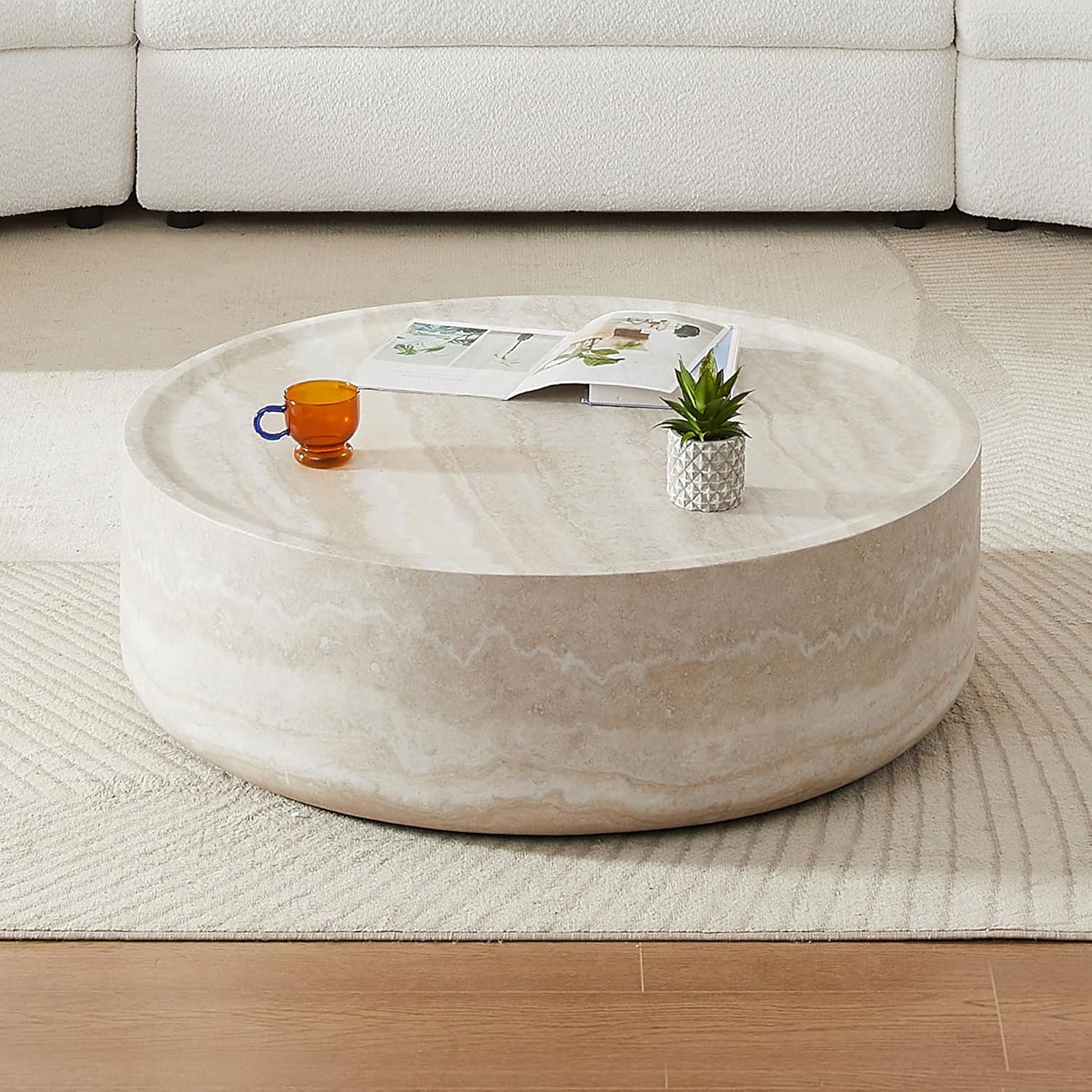 JUSTONE 31.49' Round Coffee Table, Modern Marble Faux Pattern - Minimalist Accent Table for Living Room,Office