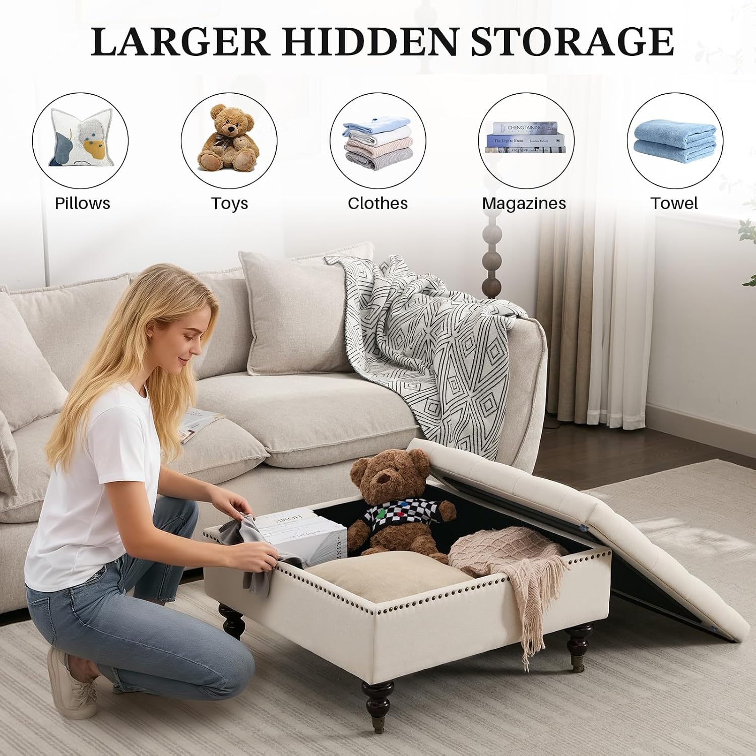 Square Storage Ottoman Coffee Table Tufted Upholstered Large Ottoman with Storage and Rolling Wheels Oversized Footrest Ottomans for Living Room, Beige Linen