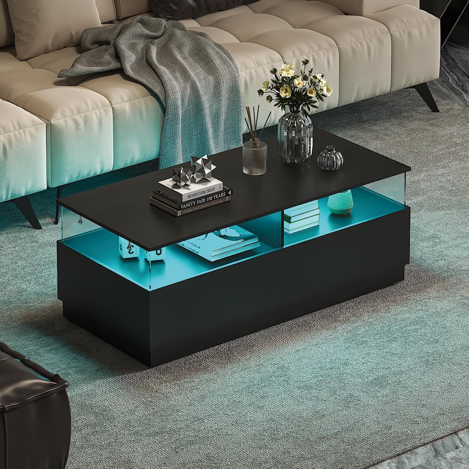 HedoAjim Rectangular Coffee Tables with Storages, Modern Black Coffee Table for Living Room, Rectangular Coffee Tables and 2 Spacious Drawers, Coffee Table with LED Light