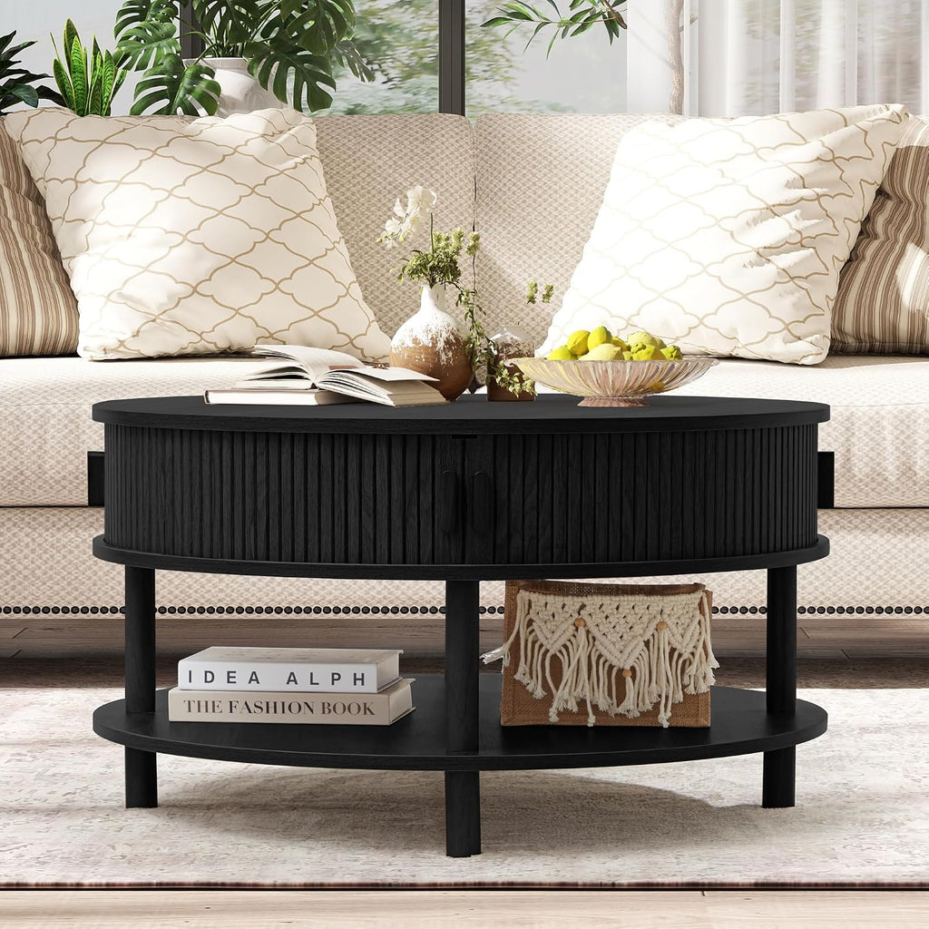 RARZOE 31.5' Round Coffee Table with Storage, Wood Circle Coffee Table with Sliding Cabinet Doors, Fluted Dining Table Accent Center Table for Living Room Home Office Apartment, Black