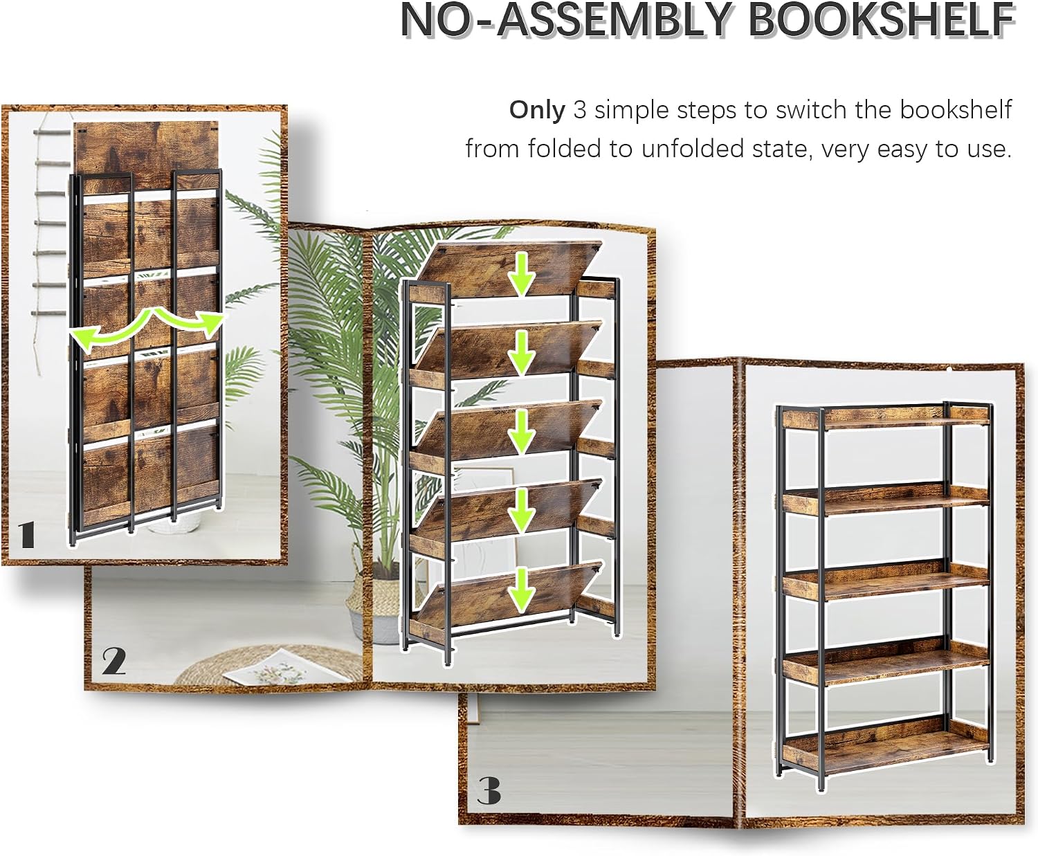 4NM Extra Wdie No Assembly Folding Bookshelf, 64.3' H x 30.9' W, 5 Tier Collapsible Book Shelf Bookcase Foldable Shelves for Bedroom Living Room Home Office - Rustic Brown & Black