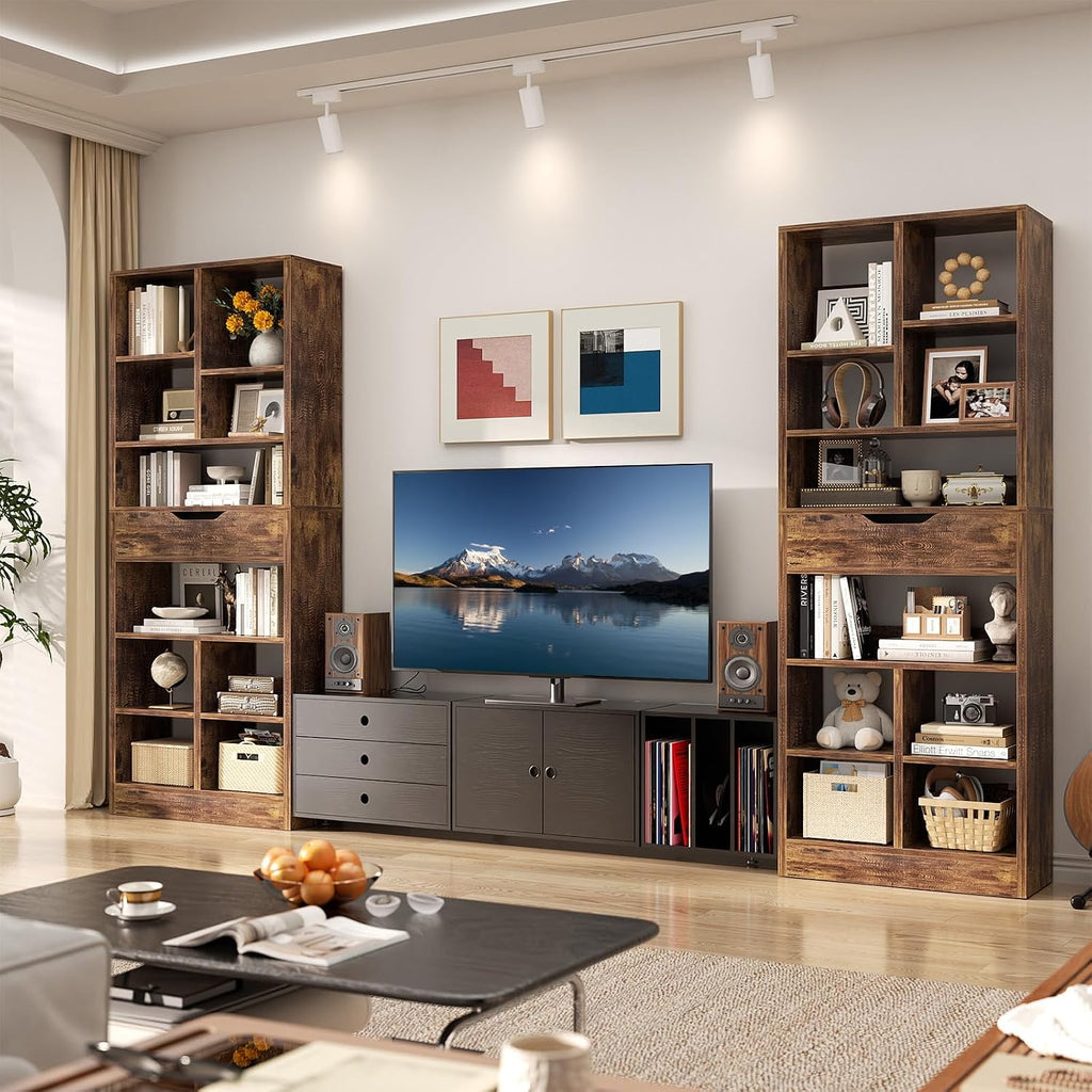 Armocity 8-Tier Tall Bookshelf with Drawer, 73.6' Narrow Freestanding Bookcase, Space-Saving Wood Display Shelves Storage for Living Room, Home Office Bedroom, Rustic Brown