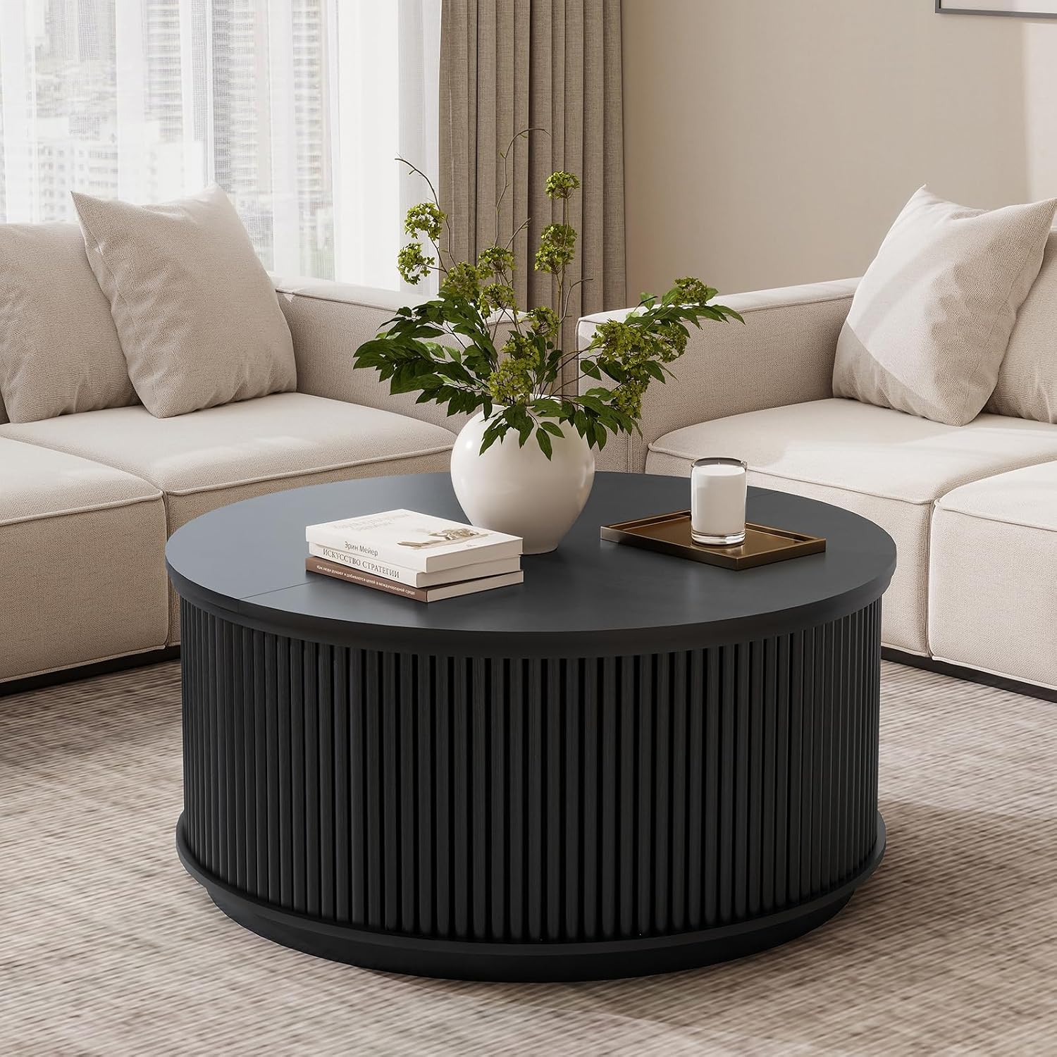 LYNCOHOME 31.5'' Fluted Flip Top Round Coffee Table with Storage, Drum Coffee Table, Modern Coffee Table for Living Room, Center Table for Living Room, Home Office, Black